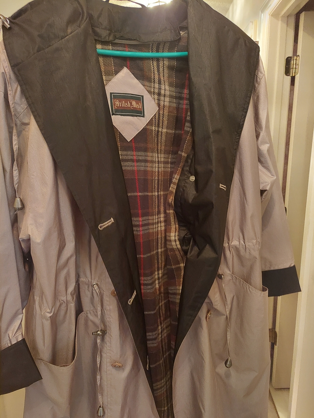 British Mist Trench Rain Coat in Tan with Black Trim and Button Out Liner